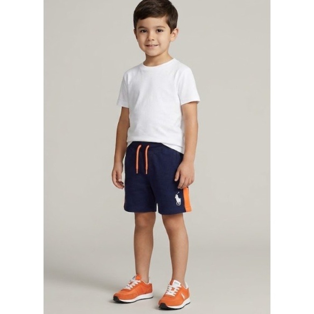 Polo Ralph Lauren Boys Navy Blue Orange Pique Knit‎ Drawstring Shorts Size 5